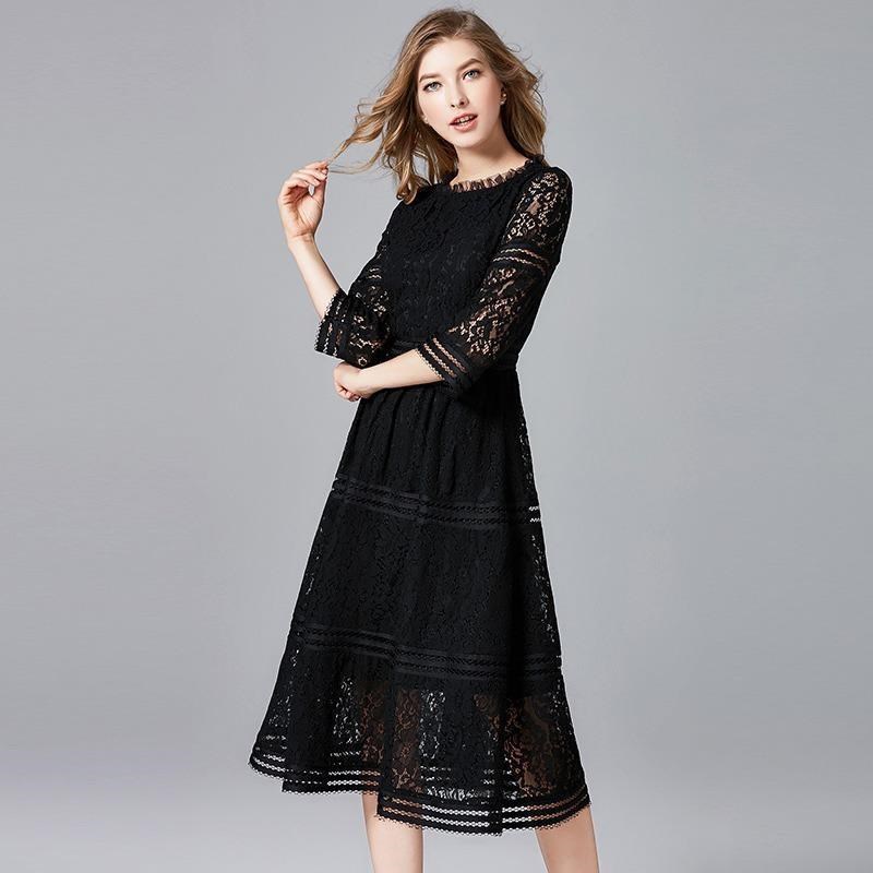 《D'Fina 時尚女裝》 歐美小黑裙長版中袖簡約蕾絲洋裝