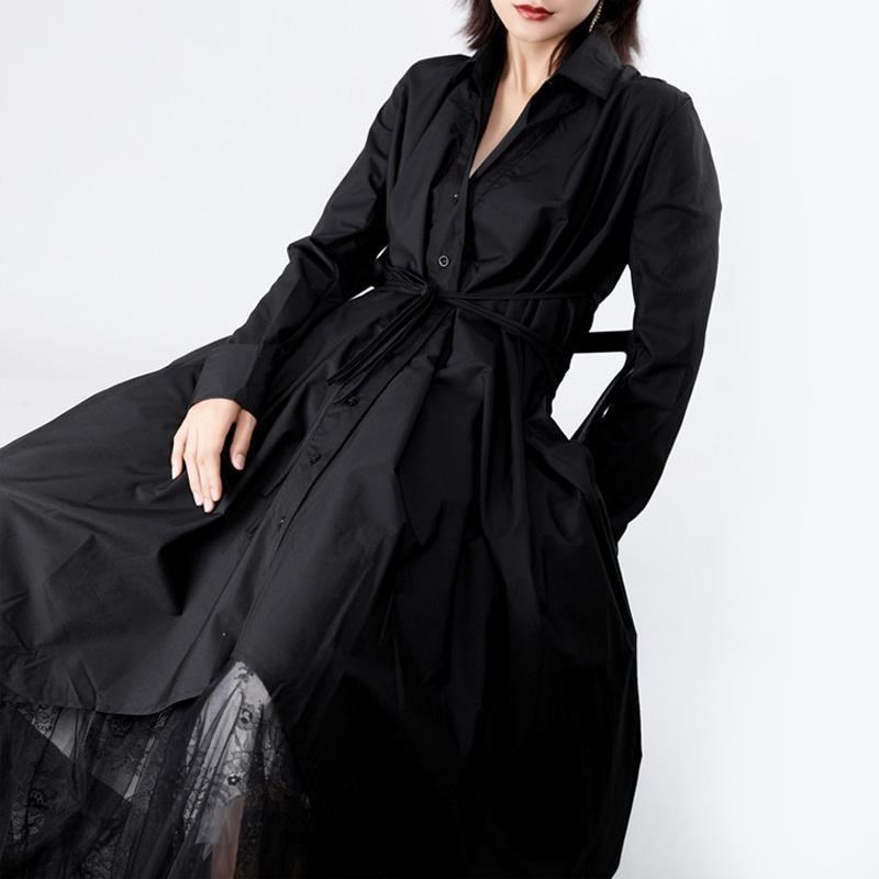 《D'Fina 時尚女裝》 純潔白襯衫裙過膝暗黑風長袖洋裝法式複古洋裝