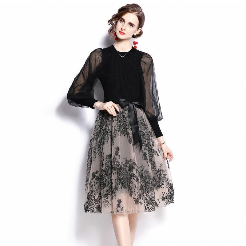 《D'Fina 時尚女裝》 時尚黑網紗拼接長袖名媛氣質顯瘦設計感洋裝