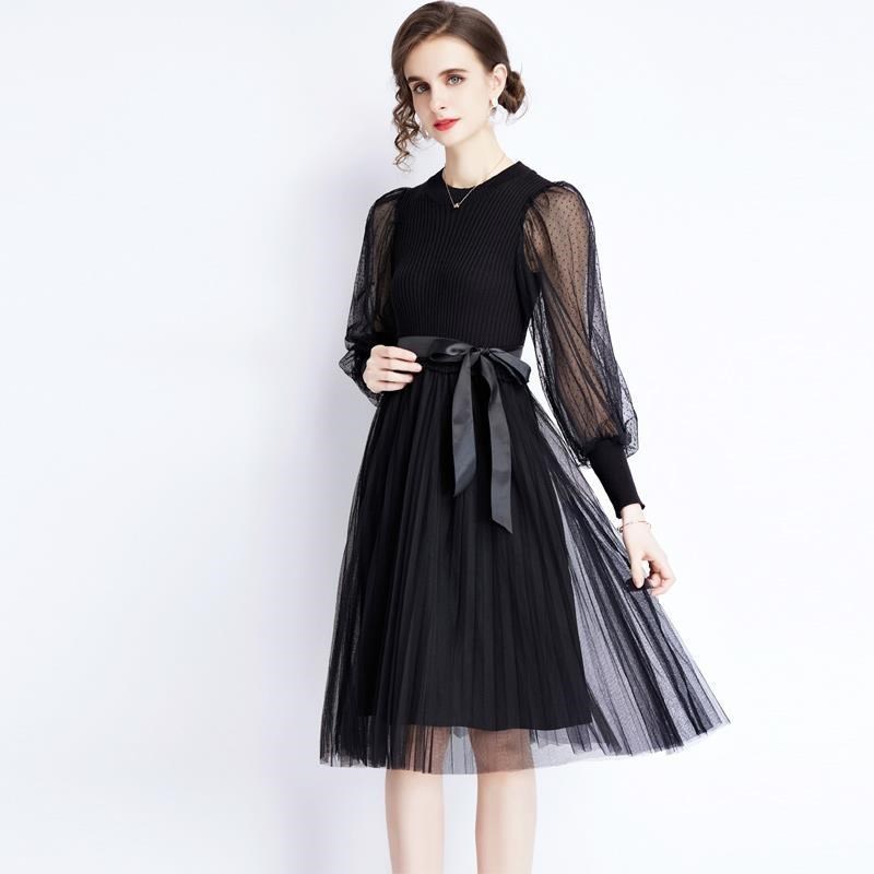 《D'Fina 時尚女裝》 小黑裙洋裝針織拼接網紗長袖修身顯瘦A字裙子