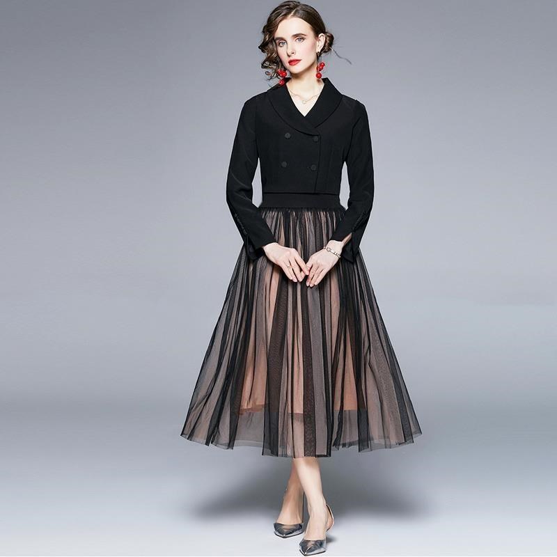 《D'Fina 時尚女裝》 歐美時尚套裝裙女氣質短款小西裝+網紗半身裙兩件式