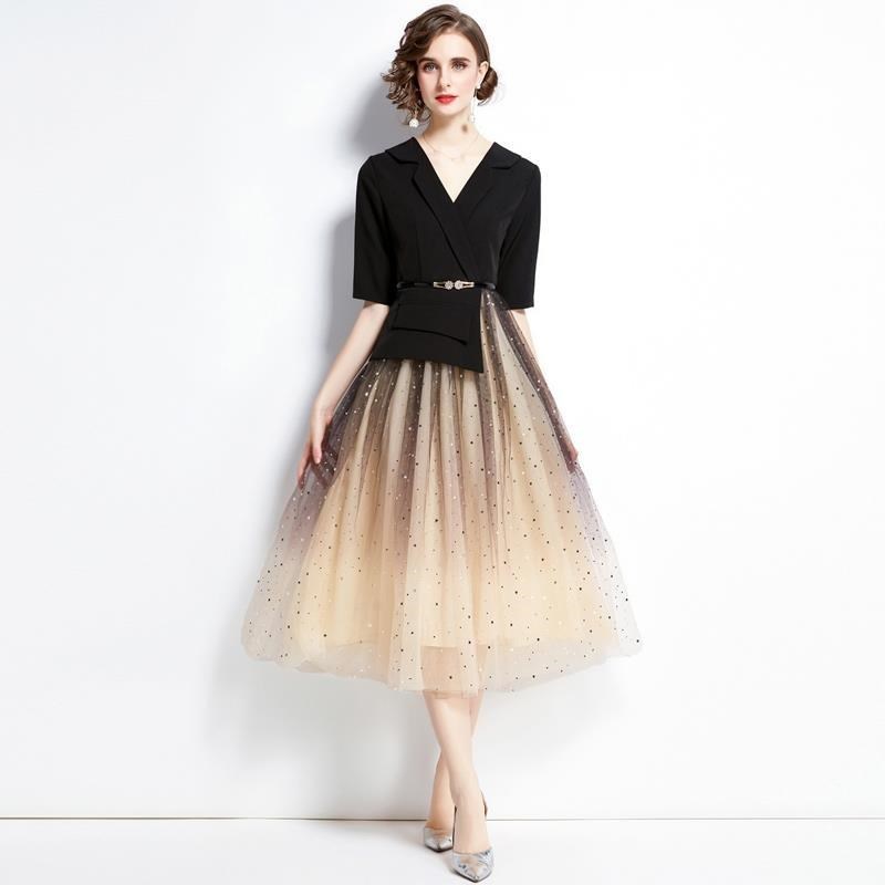 《D'Fina 時尚女裝》 歐美洋裝假兩式設計感西裝領網紗拼接職業裝裙子