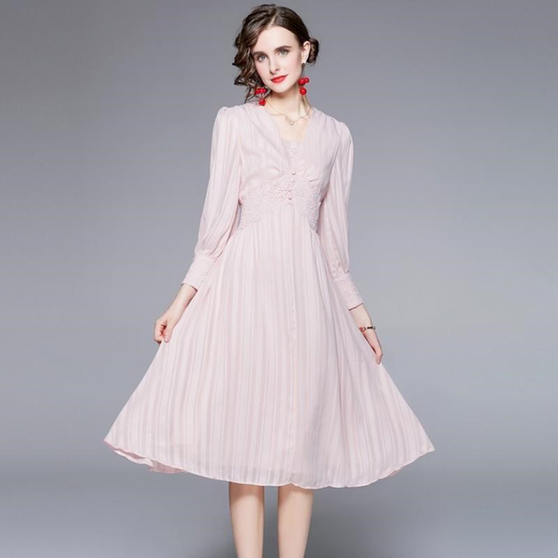 《D'Fina 時尚女裝》 歐美雪紡長裙氣質性感長袖收腰中長版洋裝