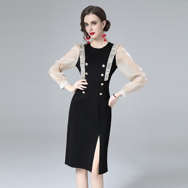 《D'Fina 時尚女裝》 赫本風法式木耳邊洋裝修身長袖包臀開叉裙子