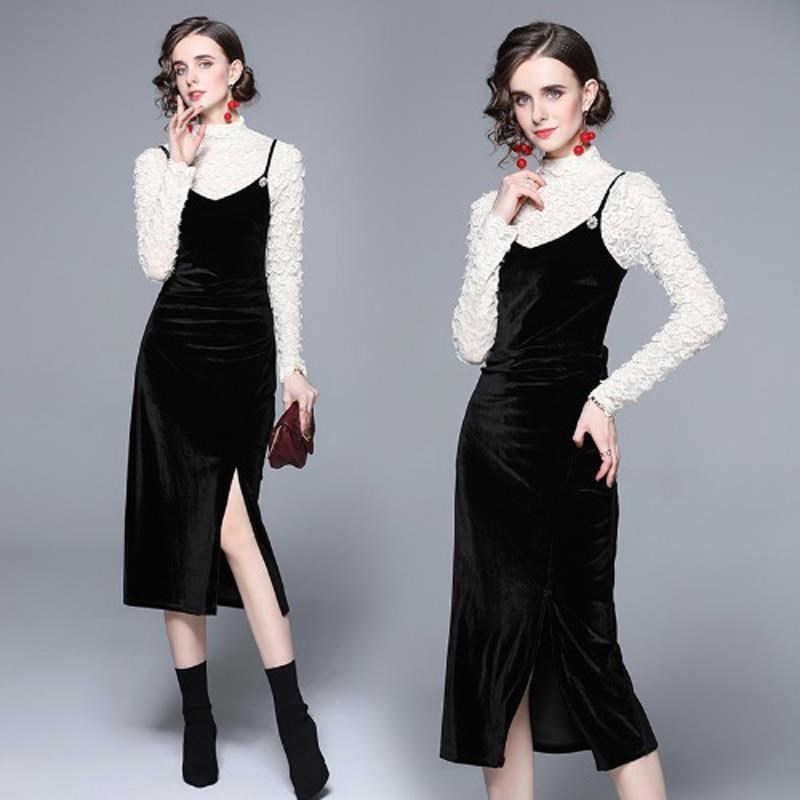 《D'Fina 時尚女裝》 赫本風蕾絲衫絲絨吊帶裙洋裝套裝女輕熟兩件式洋氣