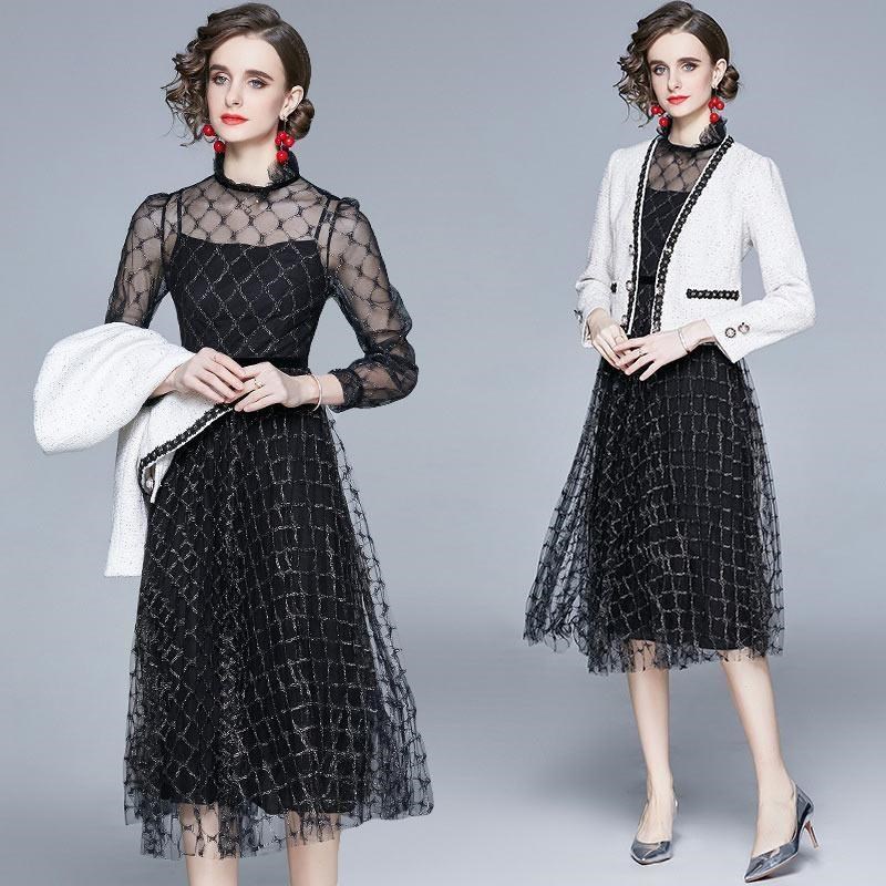 《D'Fina 時尚女裝》 氣質名媛風V領外套+重工珠片菱格網紗洋裝兩件式