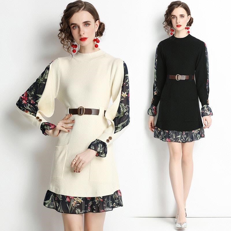 《D'Fina 時尚女裝》 法式時尚雪紡拼接針織洋裝 修身打底洋裝