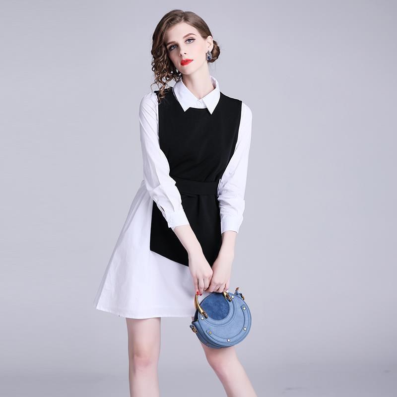 《D'Fina 時尚女裝》 襯衫裙 通勤OL黑白撞色拼接不規則裙 時尚兩件式洋裝