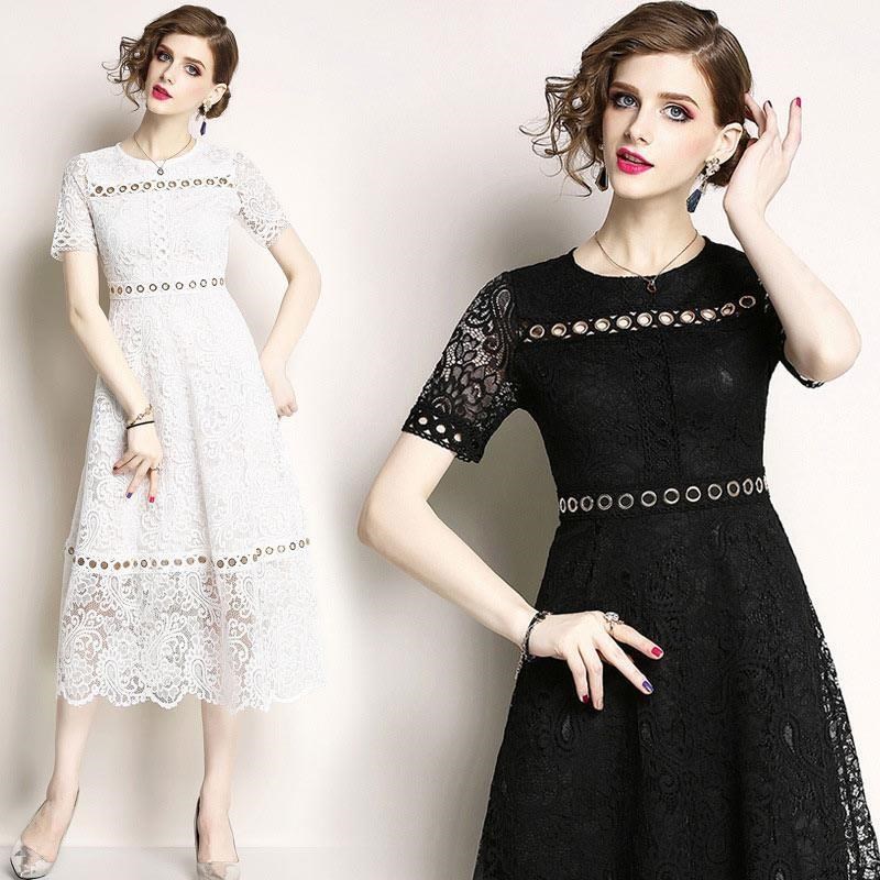 《D'Fina 時尚女裝》 蕾絲洋裝 歐美時尚鏤空金屬圓圈拼接氣質長裙
