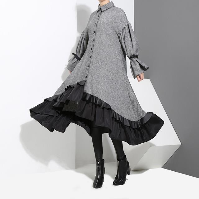 《D'Fina 時尚女裝》 棉麻洋裝氣質寬鬆繫帶長袖荷葉邊襯衫裙