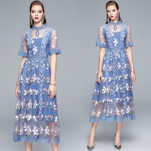 《D'Fina 時尚女裝》 重工刺繡超仙森係長裙法式顯瘦藍色碎花洋裝