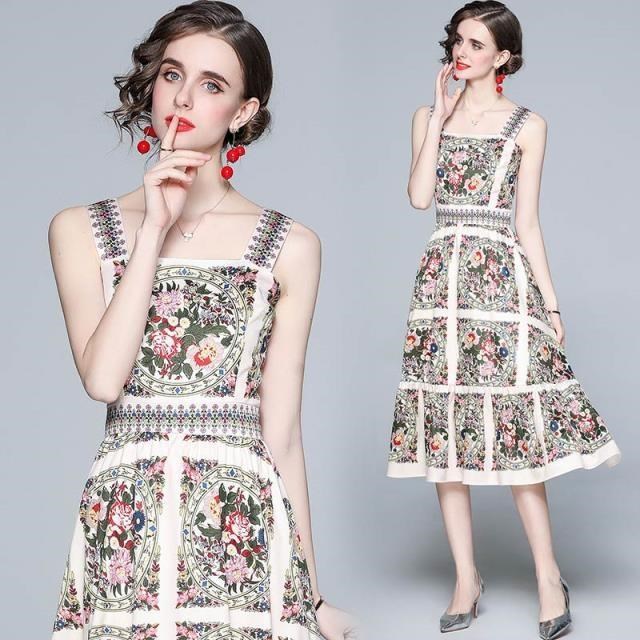 《D'Fina 時尚女裝》 歐洲氣質定位印花顯瘦大擺洋裝
