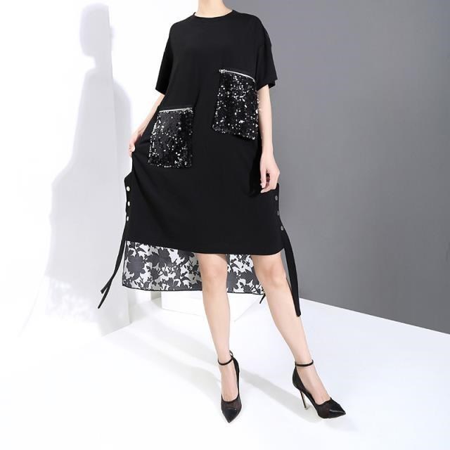 《D'Fina 時尚女裝》 亮片大口袋洋裝個性暗黑系寬鬆中長拼接歐根紗裙子