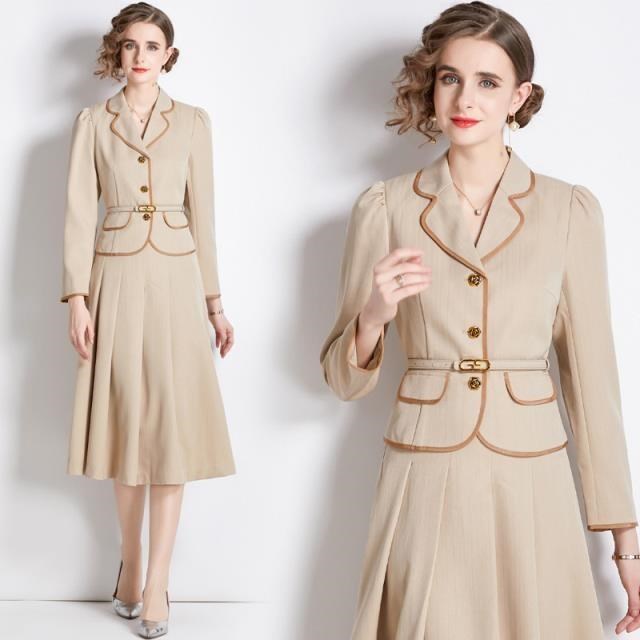 《D'Fina 時尚女裝》 英倫風職業名媛氣質西裝外套半身裙時尚兩件式