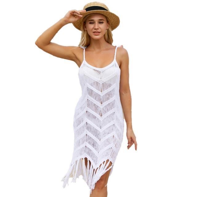 《D'Fina 時尚女裝》 針織吊帶裙子透明鉤針長流蘇編織海灘鏤空洋裝