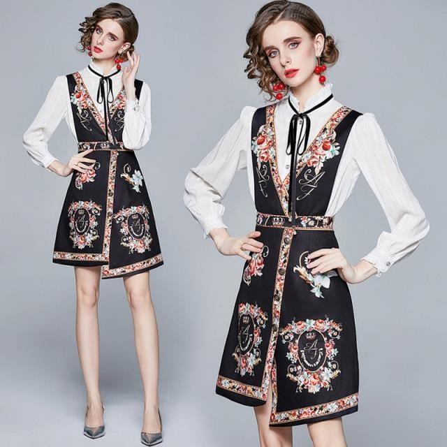 《D'Fina 時尚女裝》 立領長袖襯衫+印花背帶裙氣質時尚兩件式套裝