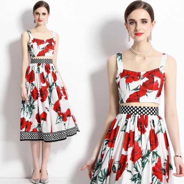 《D'Fina 時尚女裝》 減齡時尚度假復古無袖抹胸吊帶玫瑰印花半身裙套裙