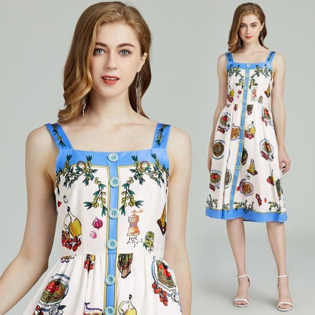 《D'Fina 時尚女裝》 氣質歐美復古吊帶裙宮廷印花修身高腰洋裝