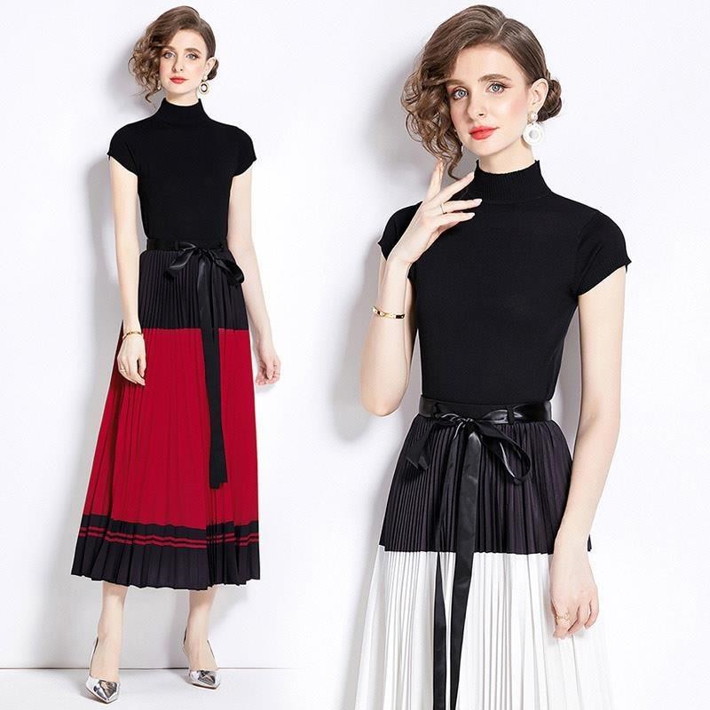 【D'Fina 歐美款女裝】針織短袖上衣+復古氣質百褶半身裙時尚兩件式