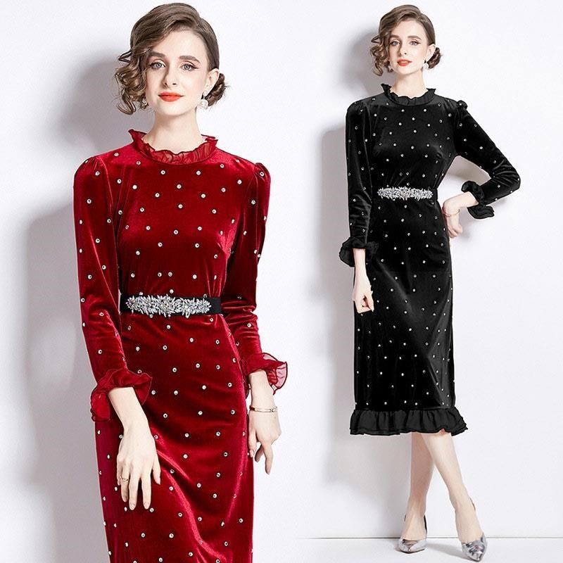【D'Fina 歐美款女裝】時尚復古氣質鑲鑽收腰顯瘦長裙洋裝