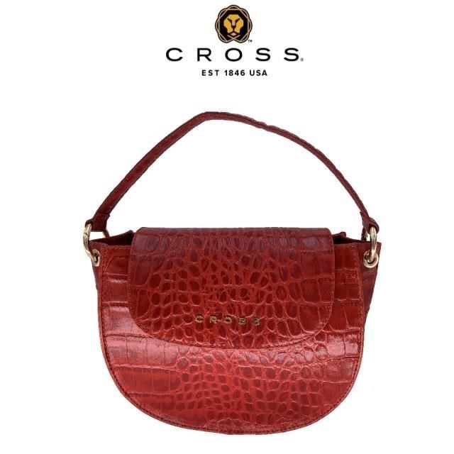 【CROSS】限量1折 頂級頭層牛皮鱷魚紋手提包側揹包(紅色,全新專櫃展示品)