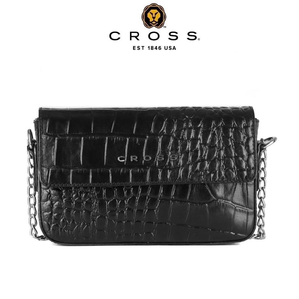 【CROSS】限量1折 經典NAPPA小牛皮鱷魚紋鈕扣側揹包(黑色,全新專櫃展示品)