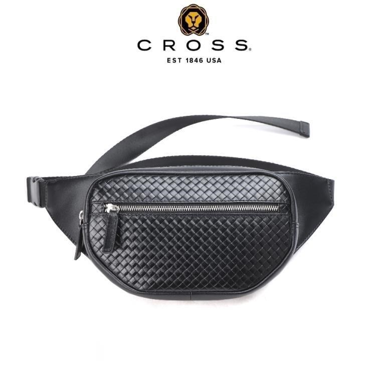 【CROSS】限量1折 頂級小牛皮編織紋胸包 全新專櫃展示品(黑色)