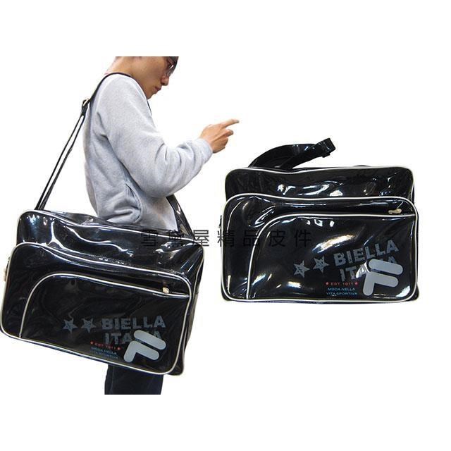 FILA 旅行袋中容量運動休閒外出購物防水鏡面PVC材質輕巧壓扁收納肩背斜側背