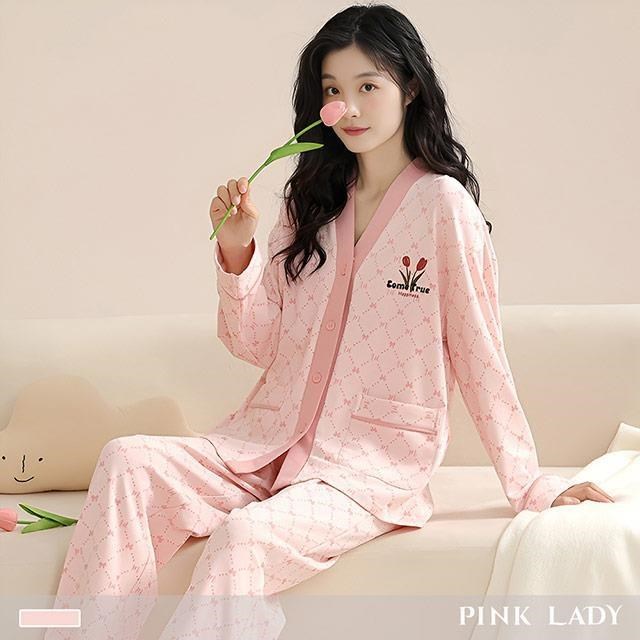 【PINK LADY】成套兩件式 長袖排釦睡衣 棉柔日系 郁金花結 居家服34856