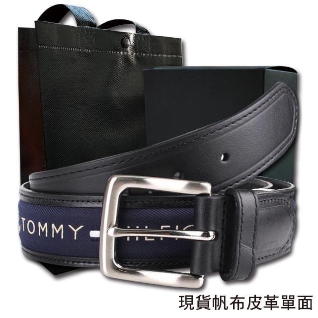 【Tommy】Tommy Hilfiger 男皮帶 皮帶 皮面+帆布LOGO設計 銀扣頭﹧黑色(SML)