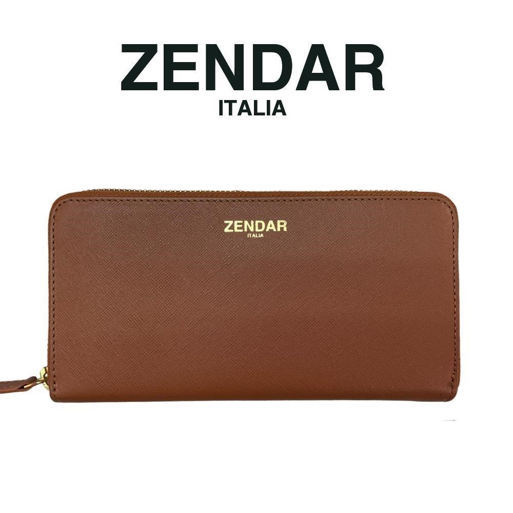 【ZENDAR】限量1折 頂級小牛皮十字紋拉鍊皮夾 卡門系列 全新專櫃展示品 琥珀色