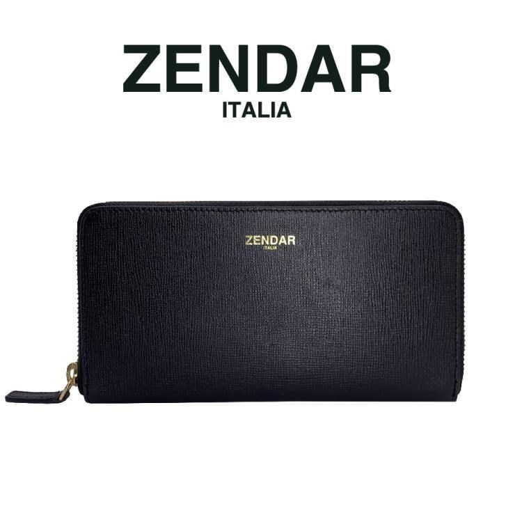 【ZENDAR】限量1折 頂級小牛皮十字紋拉鍊皮夾 卡門系列 全新專櫃展示品 (黑色)