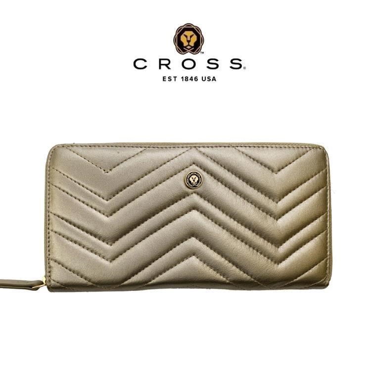 【CROSS】限量1折 頂級小牛皮山形紋拉鍊長皮夾 全新專櫃展示品 (金屬金)