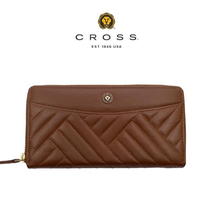 【CROSS】限量1折 頂級小牛皮山形紋長夾 赫莉系列 全新專櫃展示品 (咖啡色)