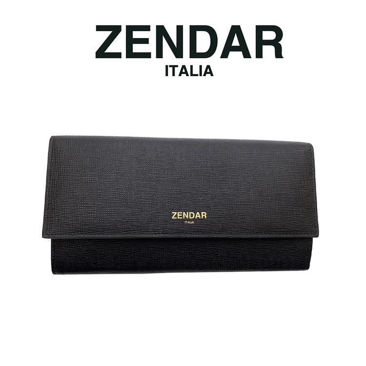 【ZENDAR】限量1折 頂級小牛皮十字紋翻蓋長夾 米蘭系列 全新專櫃展示品(黑色)
