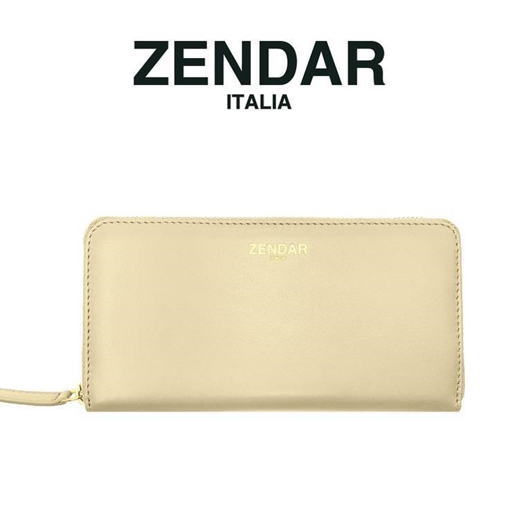 【ZENDAR】限量1折 頂級小羊皮拉鍊長夾 黛安娜系列 全新專櫃展示品(奶杏色)