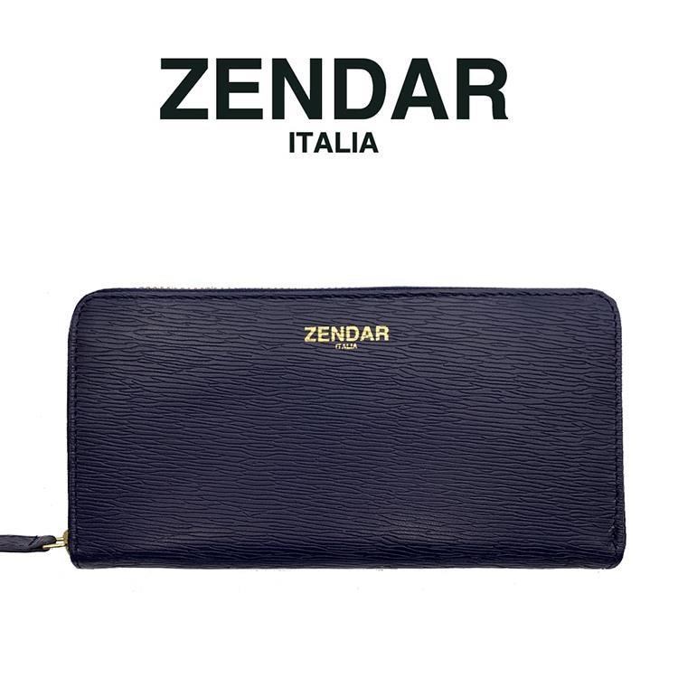 【ZENDAR】限量1折 頂級小羊皮極光紋拉鍊長夾 全新專櫃展示品(深藍色)