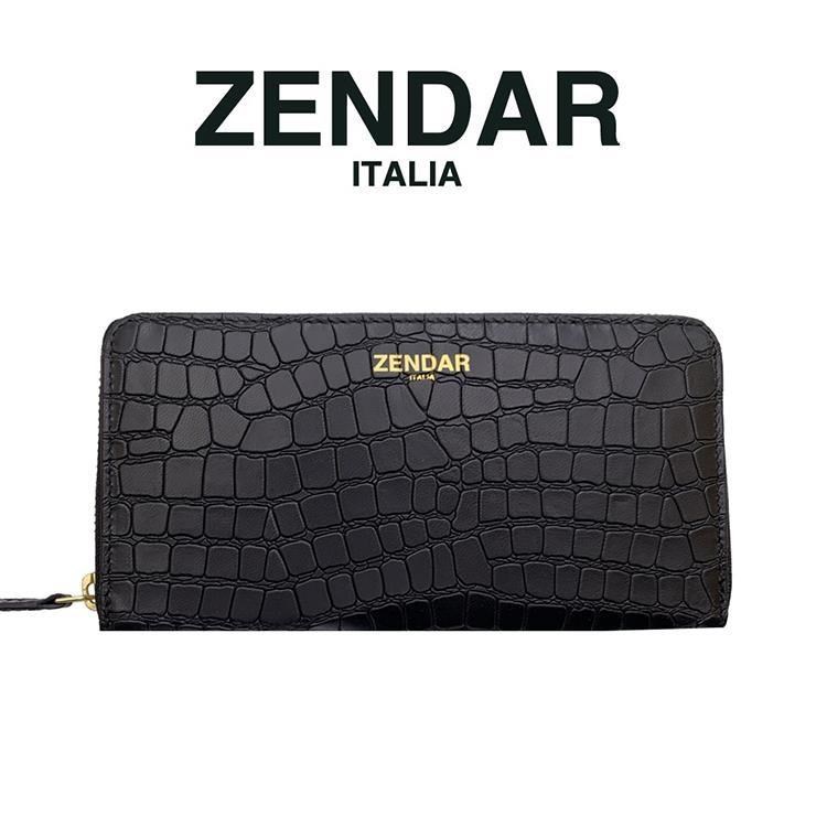 【ZENDAR】限量1折 頂級小羊皮鱷魚紋拉鍊長夾 全新專櫃展示品(黑色)