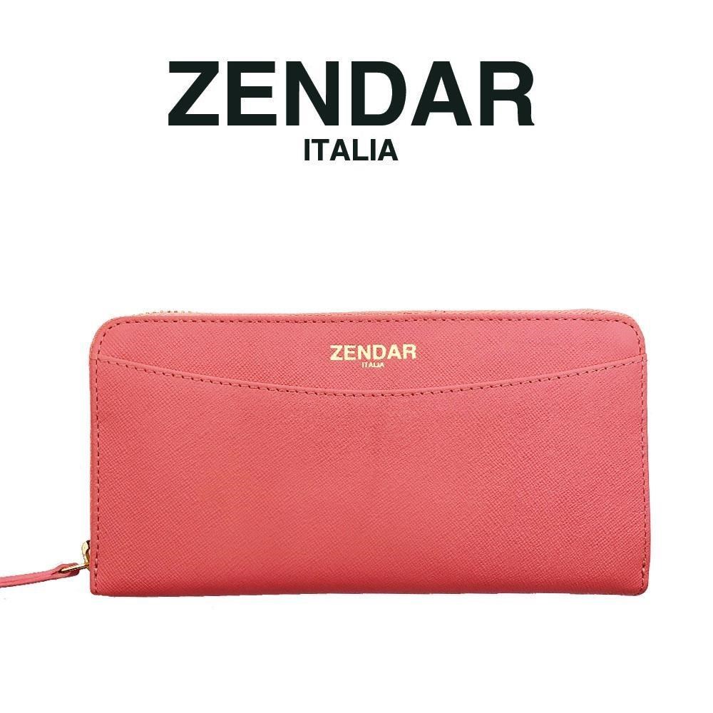 【ZENDAR】限量1折 頂級小牛皮十字紋拉鍊皮夾 卡門系列 全新專櫃展示品 粉紅色