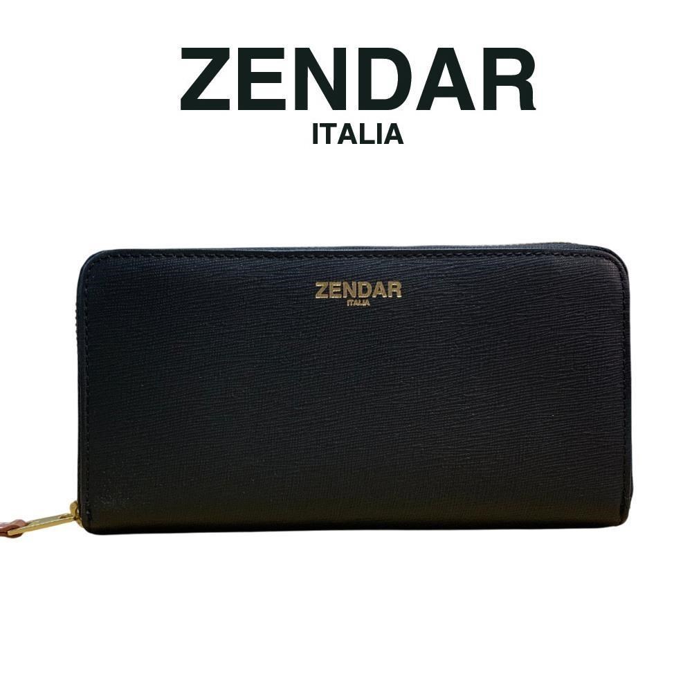 【ZENDAR】限量1折 頂級小牛皮十字紋拉鍊皮夾 貝兒系列 全新專櫃展示品 (黑色)