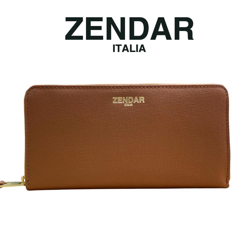【ZENDAR】限量1折 頂級小牛皮十字紋拉鍊皮夾 貝兒系列 全新專櫃展示品 (琥珀色)