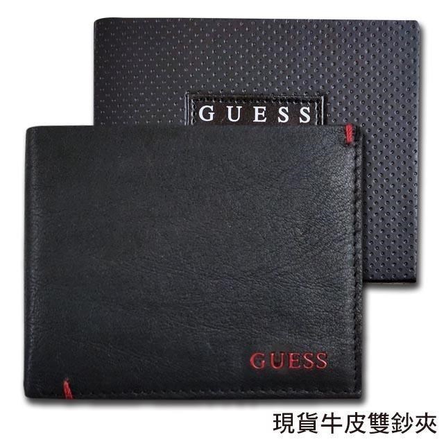 【Guess】男皮夾 短夾 牛皮夾 紅色GUESS Logo 雙鈔夾 品牌盒裝﹧黑色
