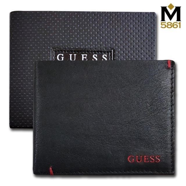 【Guess】男皮夾 短夾 牛皮夾 紅色GUESS Logo 雙鈔夾 品牌盒裝﹧黑色