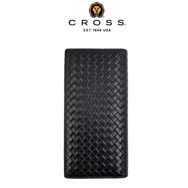 CROSS限量1折 頂級義大利Squisito小牛皮編織紋22卡對開長夾 全新專櫃展示品(黑色)