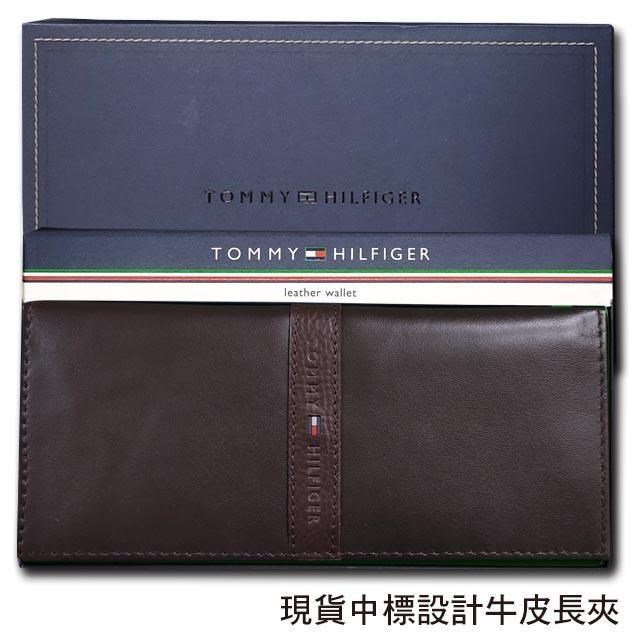 【Tommy】Tommy Hilfiger 男皮夾 長夾 中標設計 多卡夾 三鈔層 品牌盒裝﹧咖色