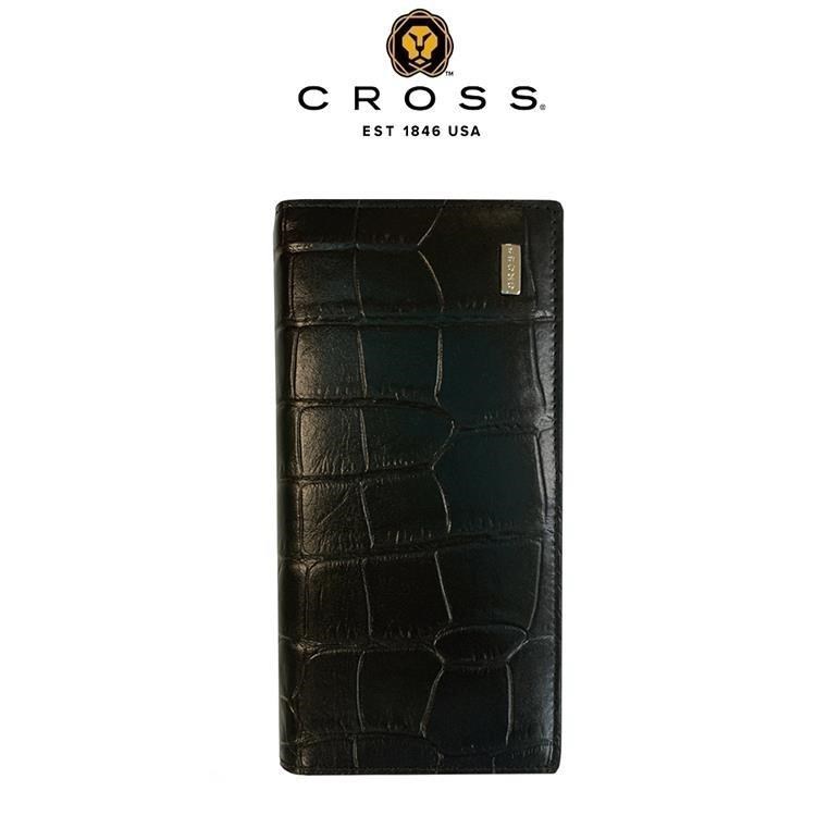 【CROSS】限量1.5折 頂級NAPPA小牛皮鱷魚紋22卡對開長夾(黑色,全新專櫃展示品)