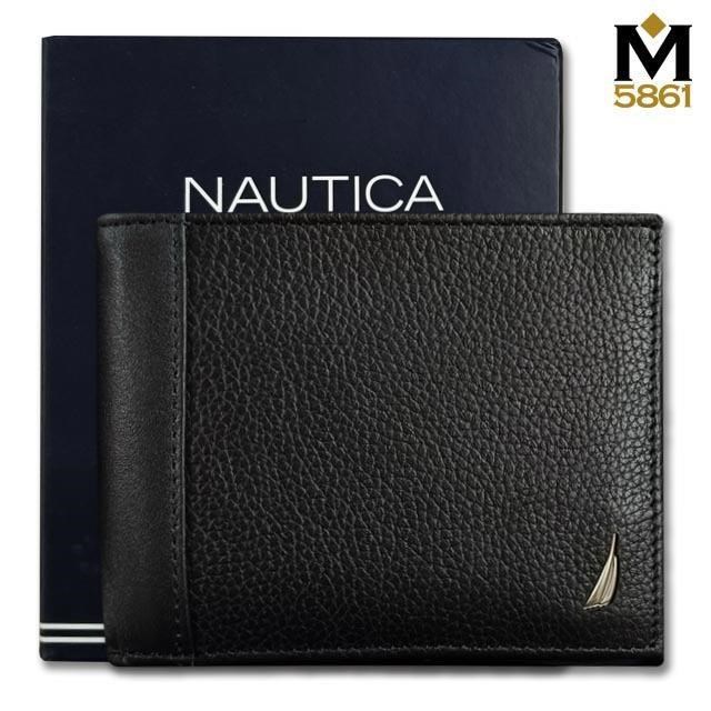 【Nautica】男皮夾 短夾 荔紋 牛皮夾 獨立卡夾 品牌鐵盒裝﹧船型標黑色