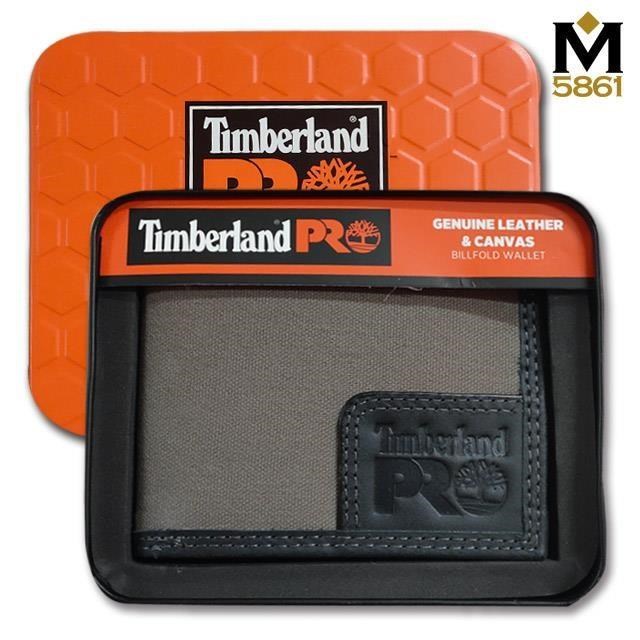 【Timberland】男皮夾 短夾 簡式悠遊卡夾 帆布PRO款 牛皮夾 品牌盒裝／灰色