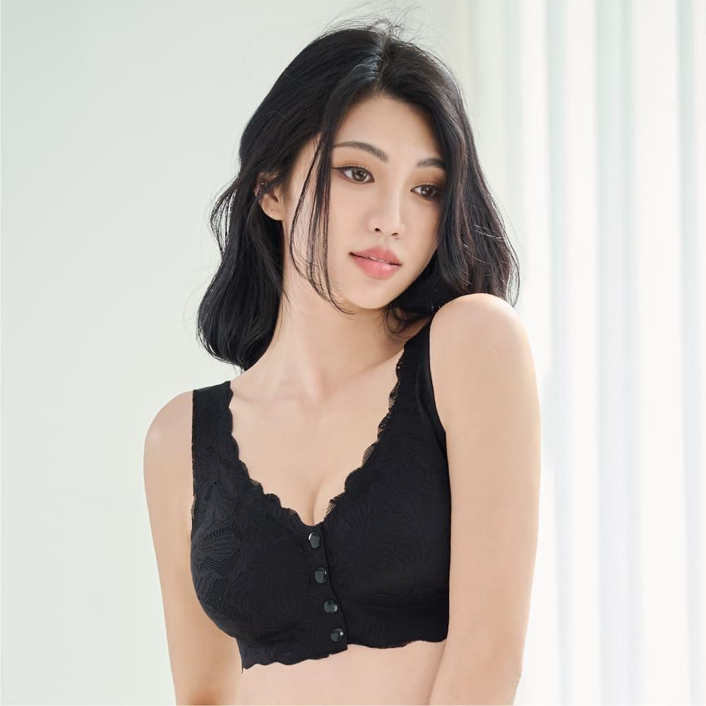 【伊柔 EVEROY】鈕扣型前扣美V集中 M-3XL大尺碼無鋼圈哺乳內衣 黑 W015-63