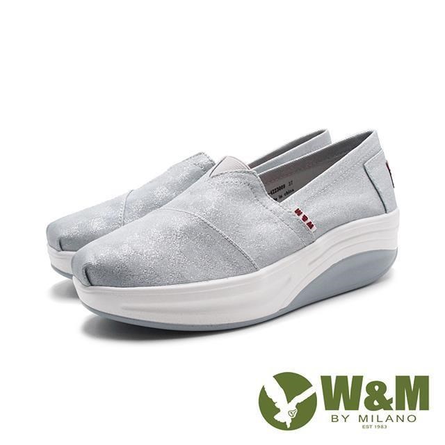 W&M(女)BOUNCE珠光透氣布 增高彈力休閒鞋 女鞋-灰藍色(另有黑色)